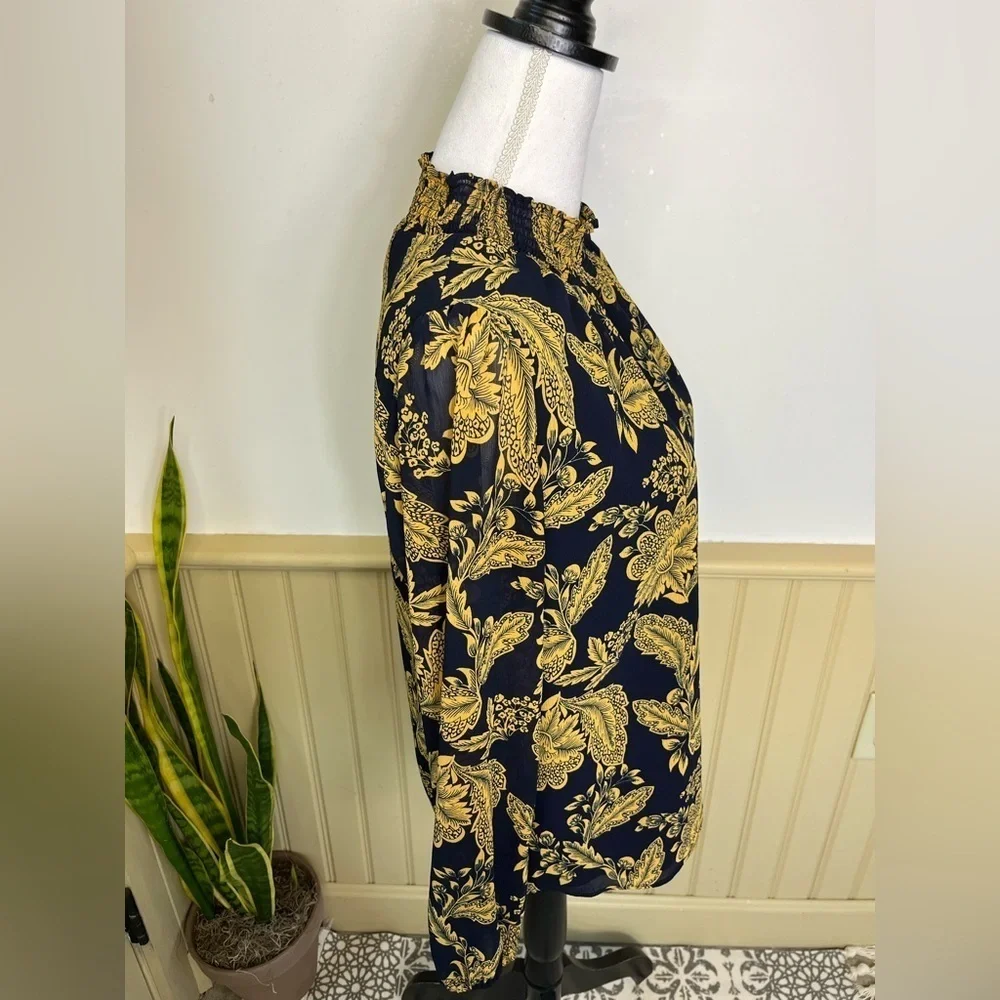 J Crew Smocked Ruched Chiffon Regal Gold Navy Floral Coquette Blouse Women Sz XS